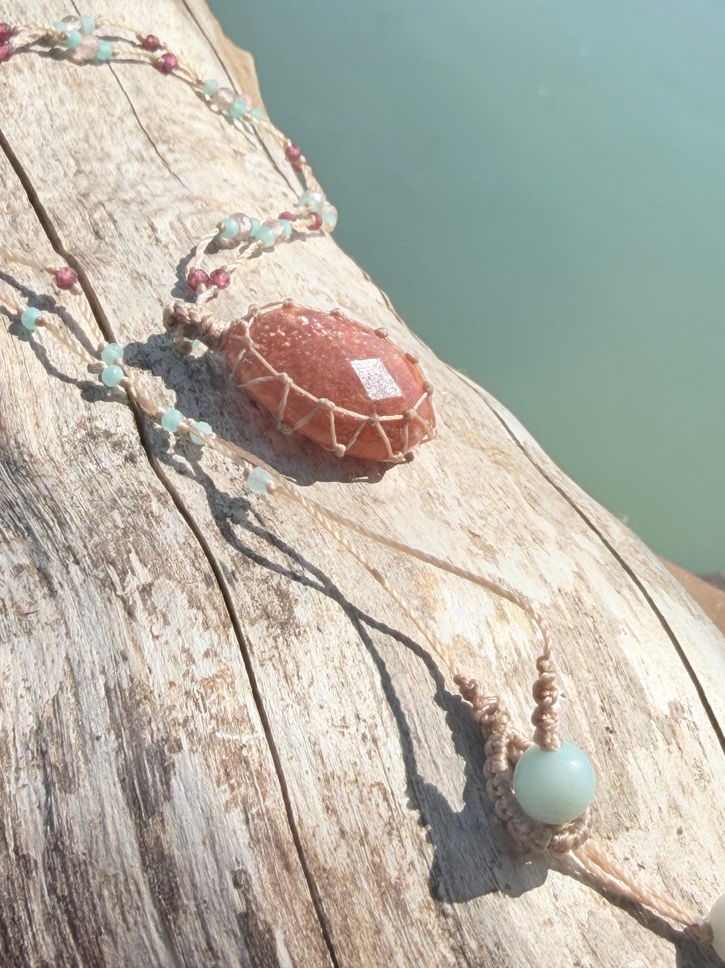 Sparkly handmade sunstone macrame necklace. Boho necklace, ethical jewellery, handmade necklace, unique gemstone necklace. Orange sunstone