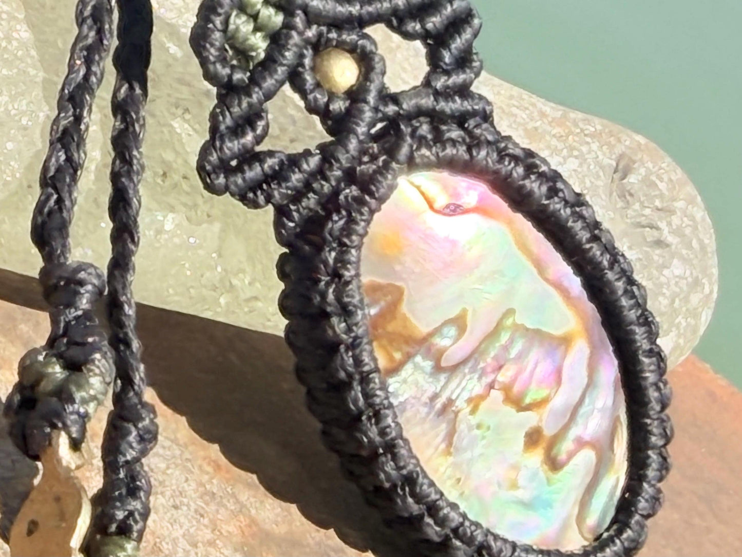 Stunning abalone necklace on an adjustable cord. Handmade gemstone necklace, boho jewellery. Macrame jewellery. Unique necklace.