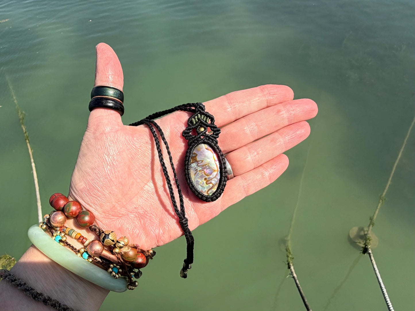 Stunning abalone necklace on an adjustable cord. Handmade gemstone necklace, boho jewellery. Macrame jewellery. Unique necklace.