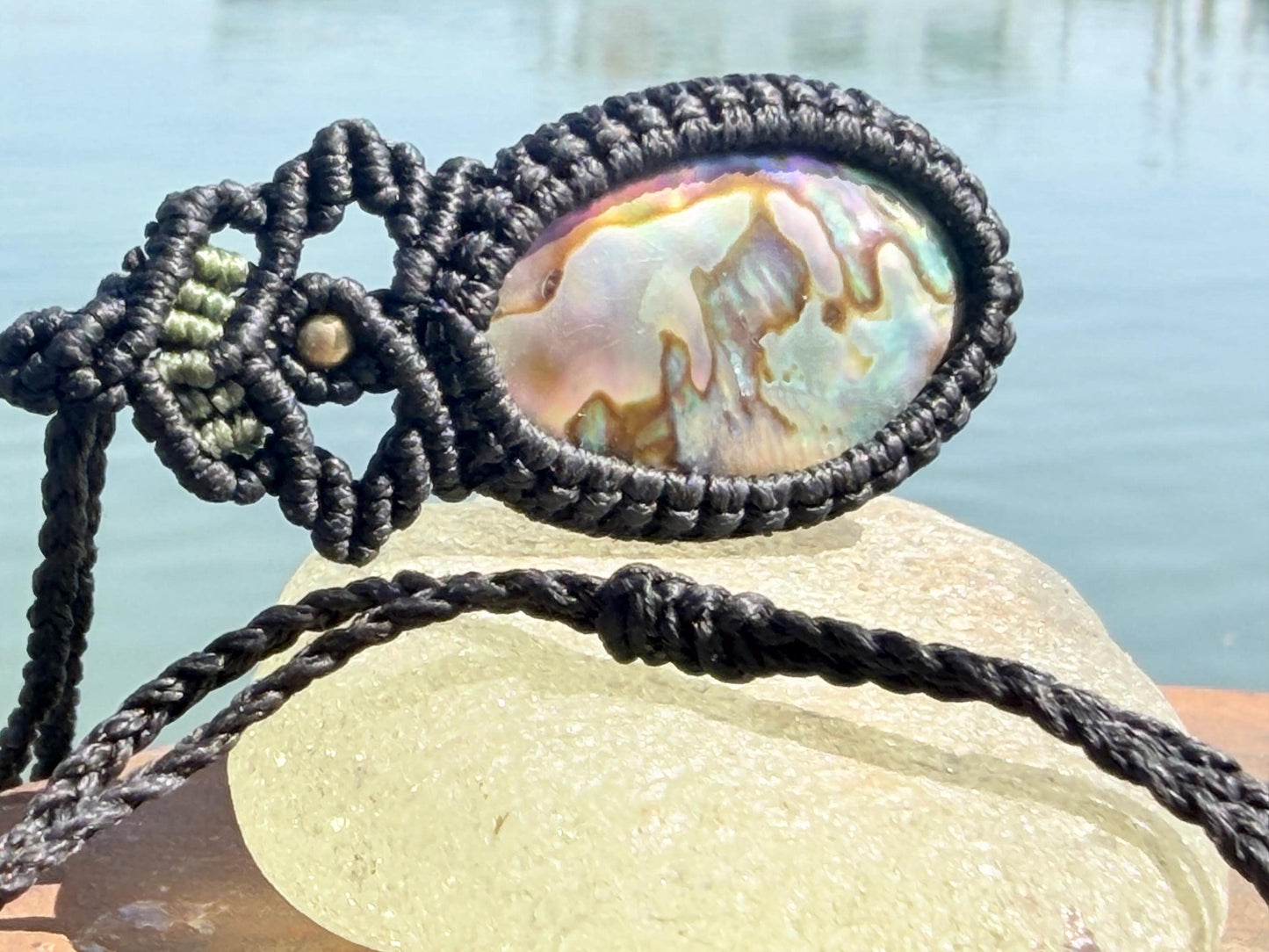 Stunning abalone necklace on an adjustable cord. Handmade gemstone necklace, boho jewellery. Macrame jewellery. Unique necklace.