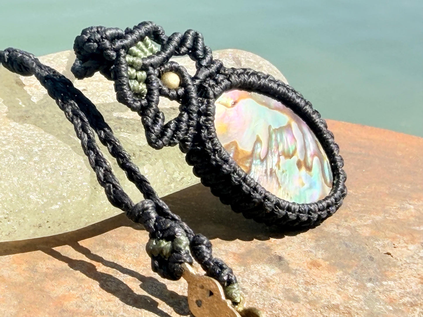 Stunning abalone necklace on an adjustable cord. Handmade gemstone necklace, boho jewellery. Macrame jewellery. Unique necklace.