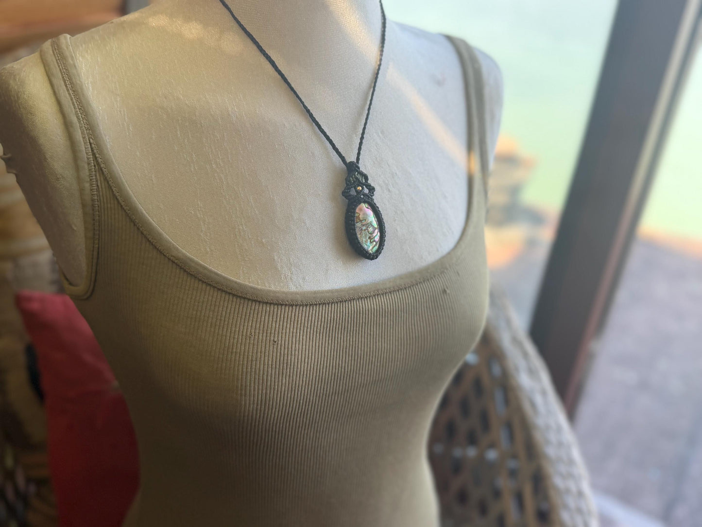 Stunning abalone necklace on an adjustable cord. Handmade gemstone necklace, boho jewellery. Macrame jewellery. Unique necklace.