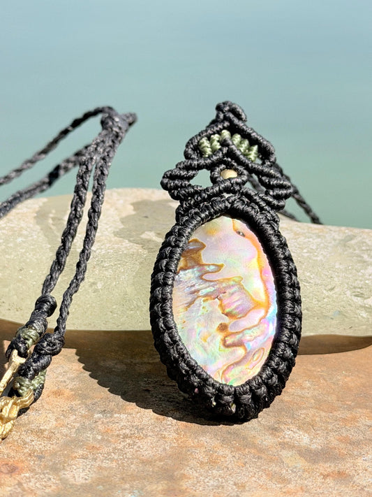 Stunning abalone necklace on an adjustable cord. Handmade gemstone necklace, boho jewellery. Macrame jewellery. Unique necklace.