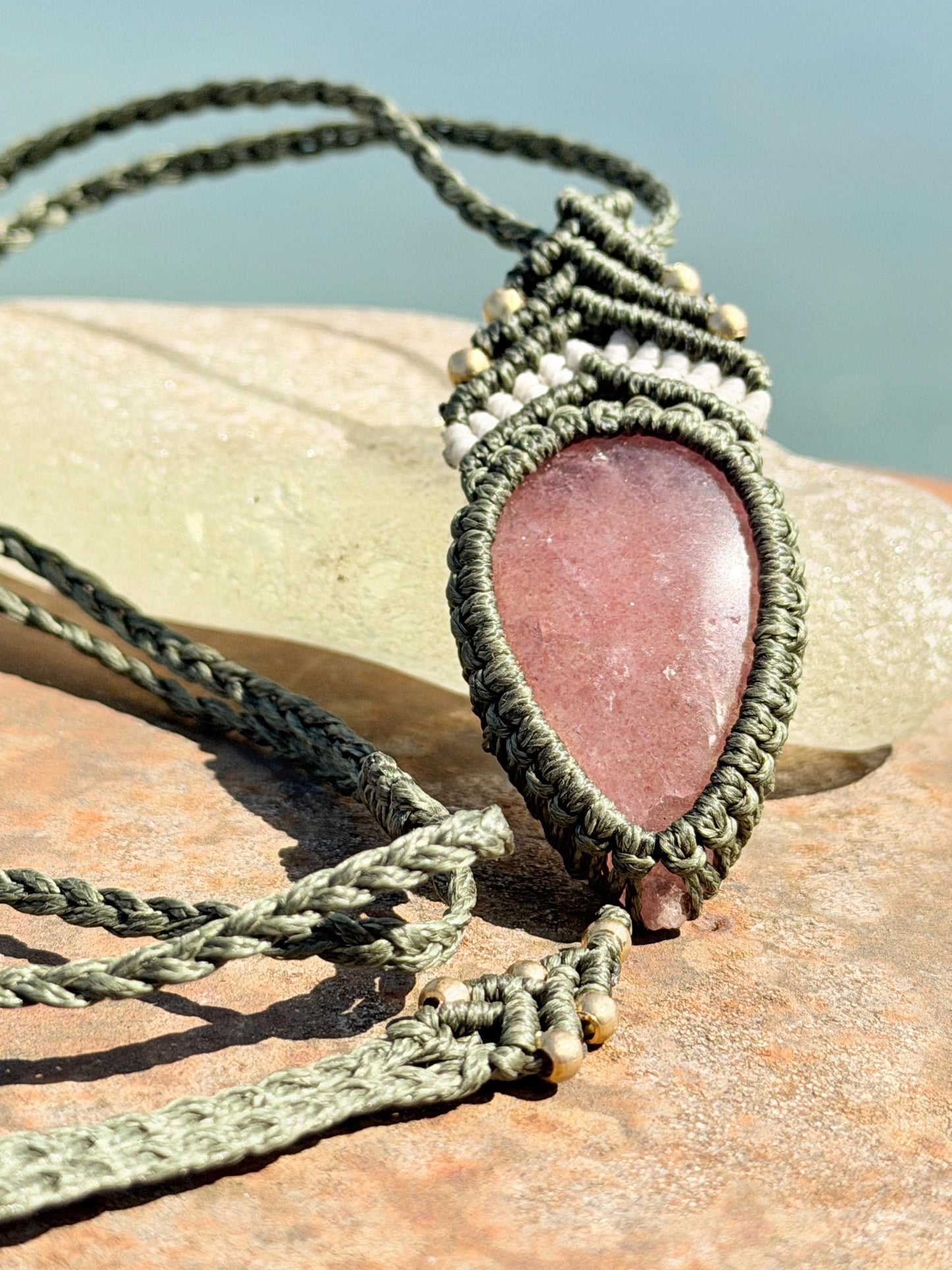 Stunning strawberry quartz necklace on an adjustable cord. Handmade gemstone necklace, boho jewellery. Macrame jewellery. Unique necklace.