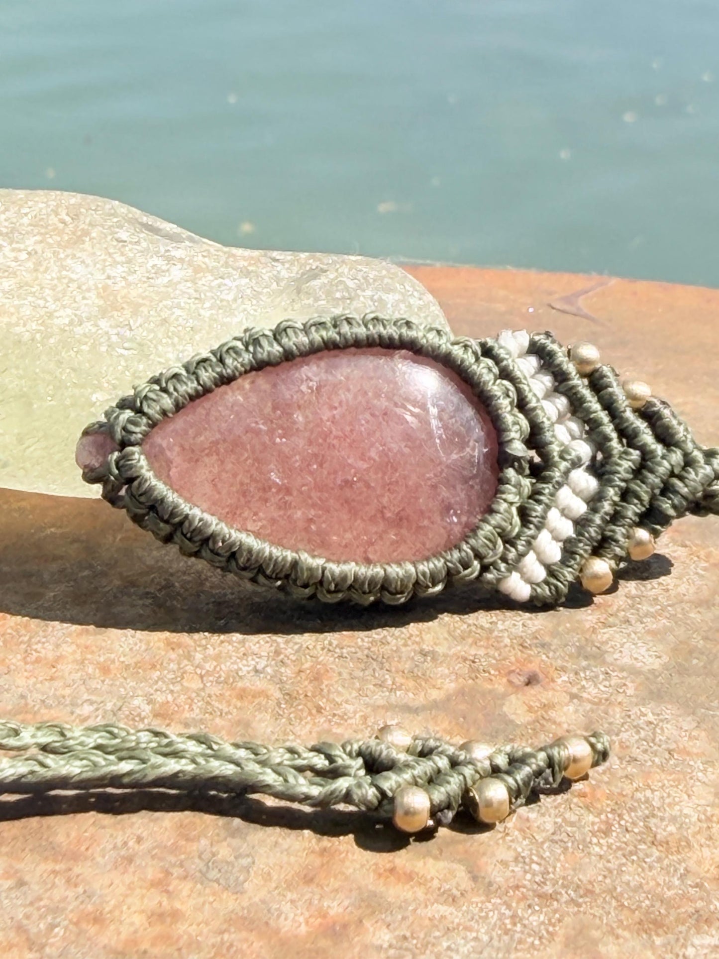 Stunning strawberry quartz necklace on an adjustable cord. Handmade gemstone necklace, boho jewellery. Macrame jewellery. Unique necklace.