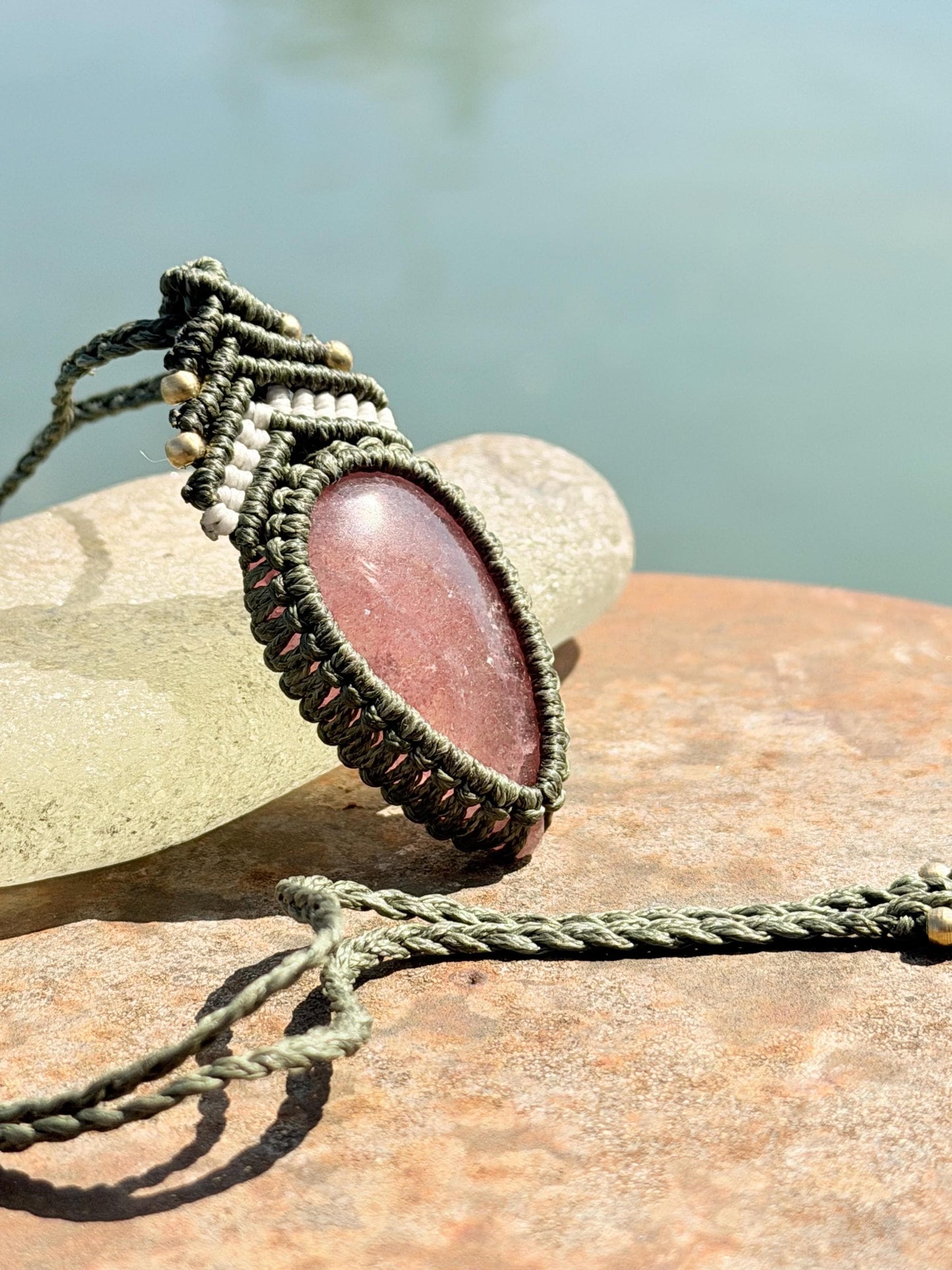 Stunning strawberry quartz necklace on an adjustable cord. Handmade gemstone necklace, boho jewellery. Macrame jewellery. Unique necklace.
