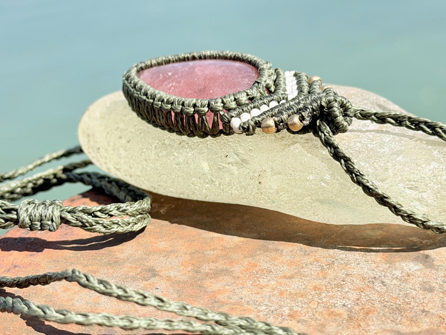 Stunning strawberry quartz necklace on an adjustable cord. Handmade gemstone necklace, boho jewellery. Macrame jewellery. Unique necklace.
