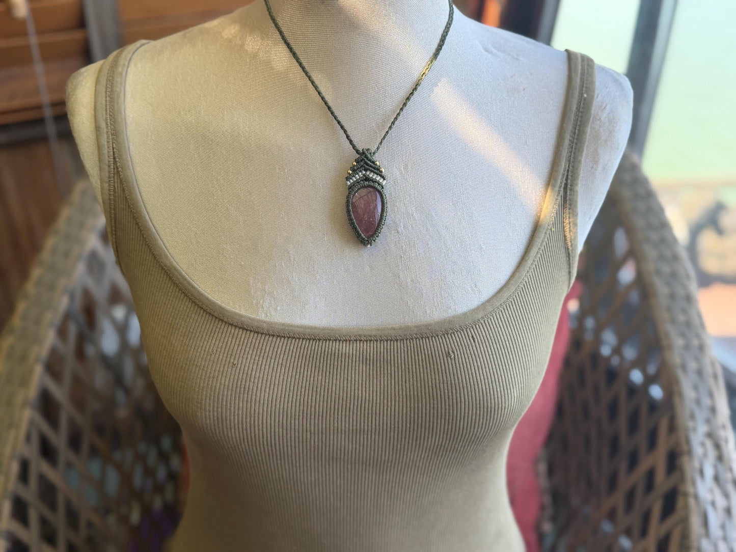 Stunning strawberry quartz necklace on an adjustable cord. Handmade gemstone necklace, boho jewellery. Macrame jewellery. Unique necklace.