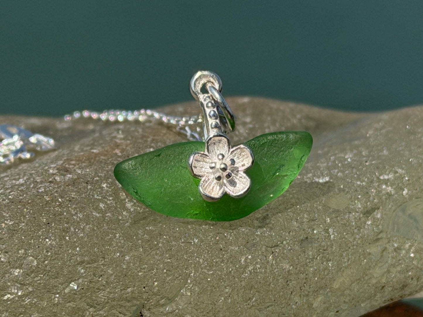 Dainty little sea glass necklace within sterling silver flowers. Recycled necklace. Ethical jewellery. Sea glass pendant. Eco friendly gifts