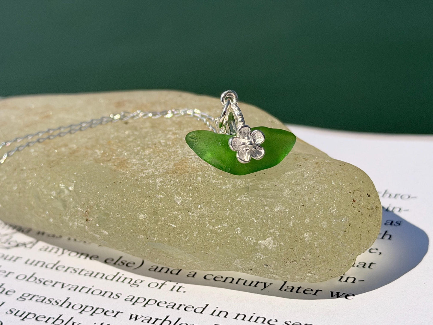 Dainty little sea glass necklace within sterling silver flowers. Recycled necklace. Ethical jewellery. Sea glass pendant. Eco friendly gifts