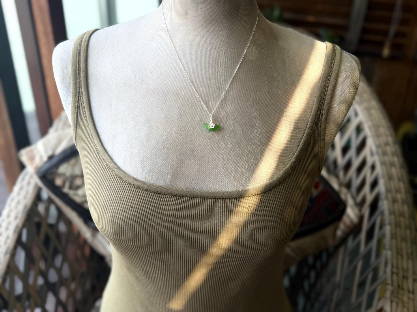 Dainty little sea glass necklace within sterling silver flowers. Recycled necklace. Ethical jewellery. Sea glass pendant. Eco friendly gifts