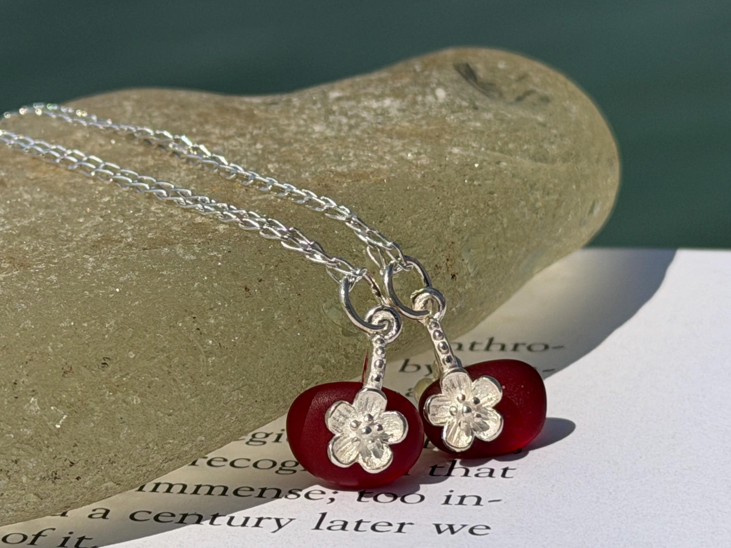 Dainty little sea glass necklace within sterling silver flowers. Recycled necklace. Ethical jewellery. Sea glass pendant. Eco friendly gifts