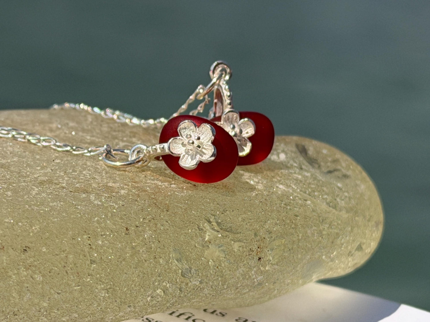 Dainty little sea glass necklace within sterling silver flowers. Recycled necklace. Ethical jewellery. Sea glass pendant. Eco friendly gifts