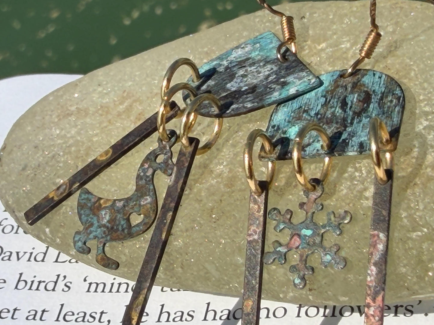 Goose and snowflake earrings. Handmade patina earrings. Rustic earrings, unusual earrings, unusual gift for her, blue earrings. Duck earring