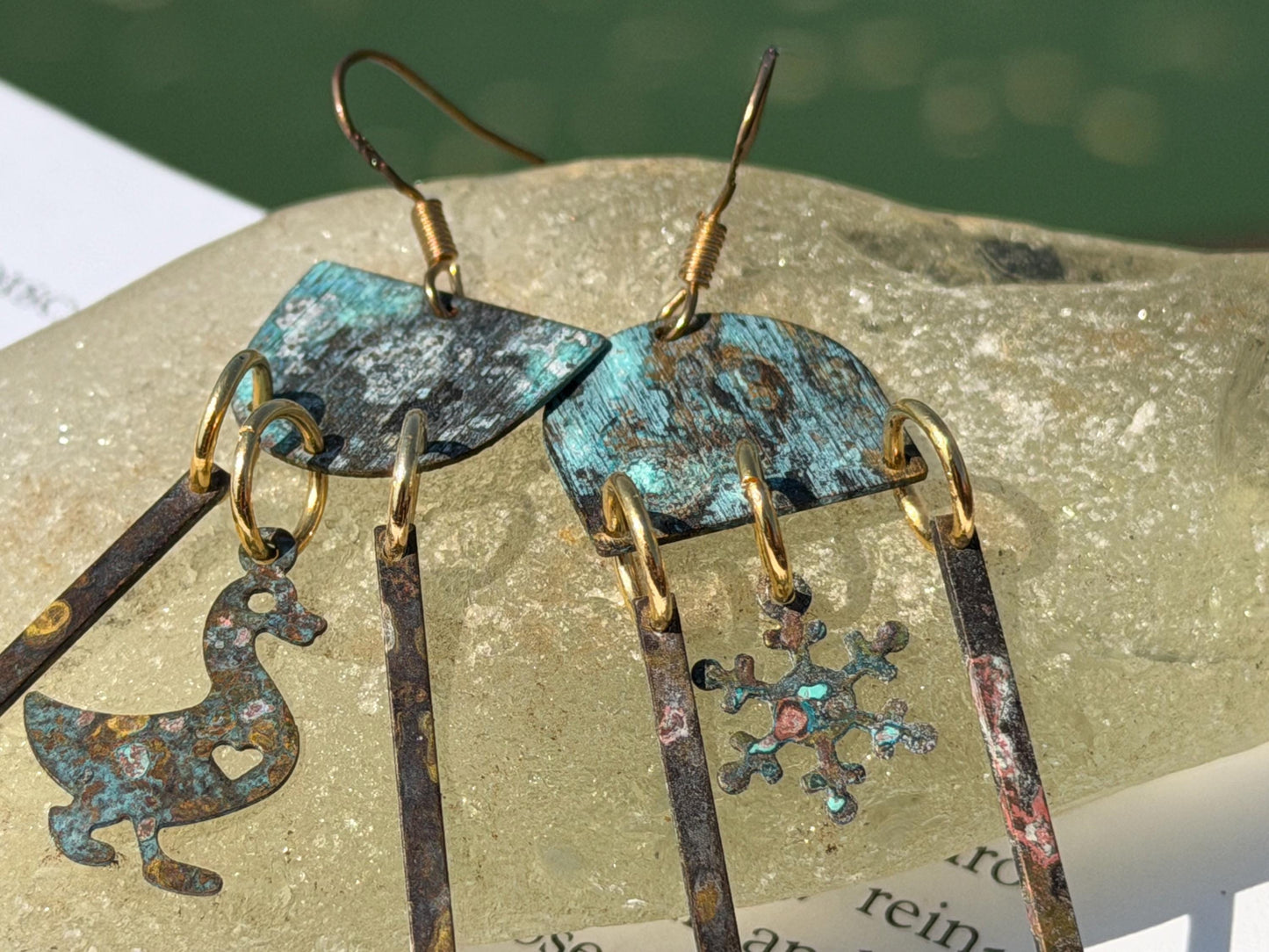 Goose and snowflake earrings. Handmade patina earrings. Rustic earrings, unusual earrings, unusual gift for her, blue earrings. Duck earring