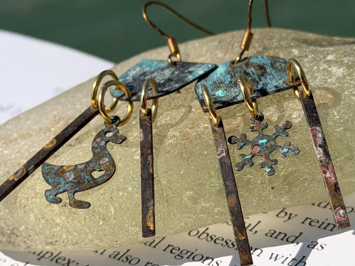 Goose and snowflake earrings. Handmade patina earrings. Rustic earrings, unusual earrings, unusual gift for her, blue earrings. Duck earring