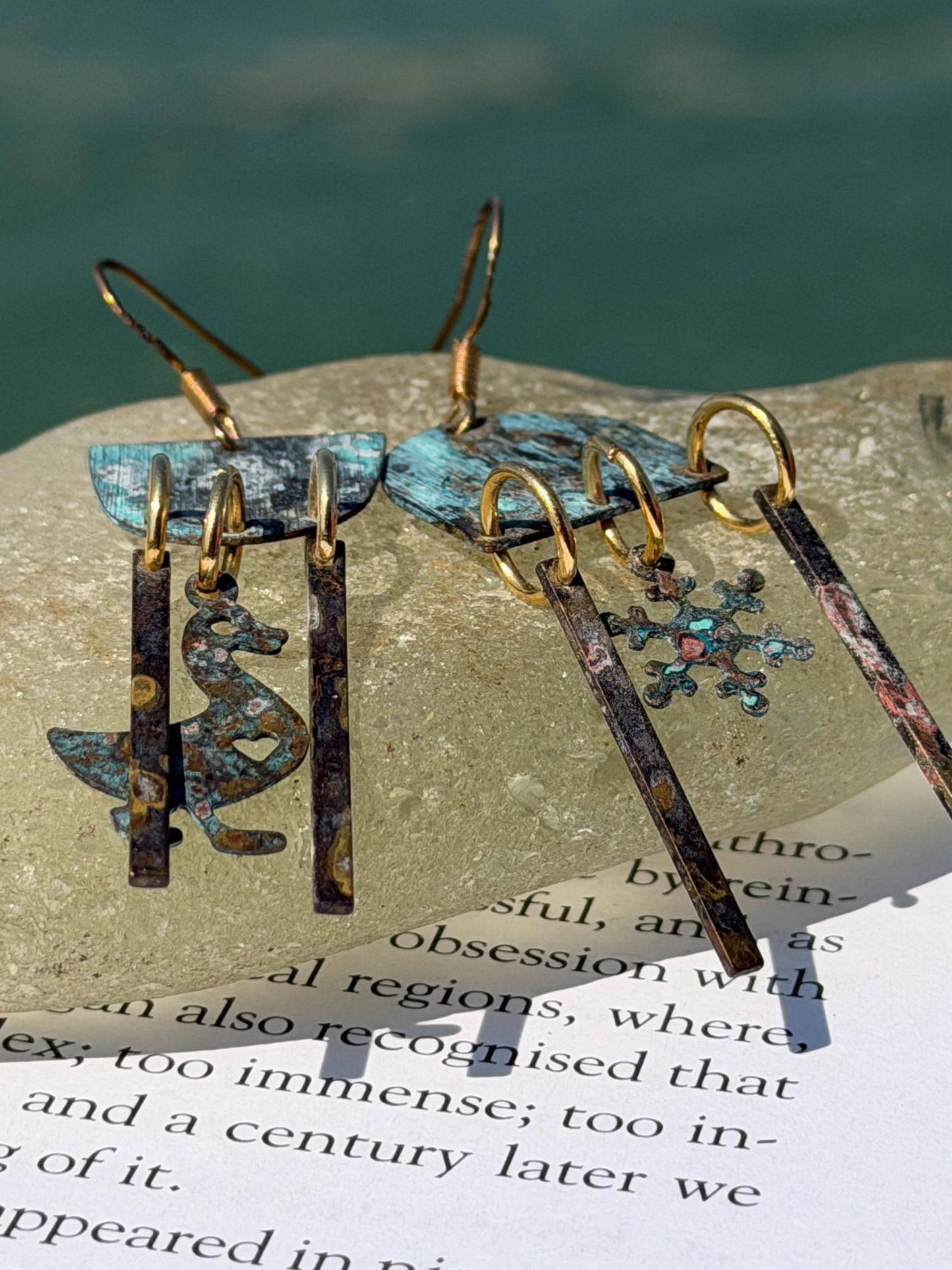 Goose and snowflake earrings. Handmade patina earrings. Rustic earrings, unusual earrings, unusual gift for her, blue earrings. Duck earring