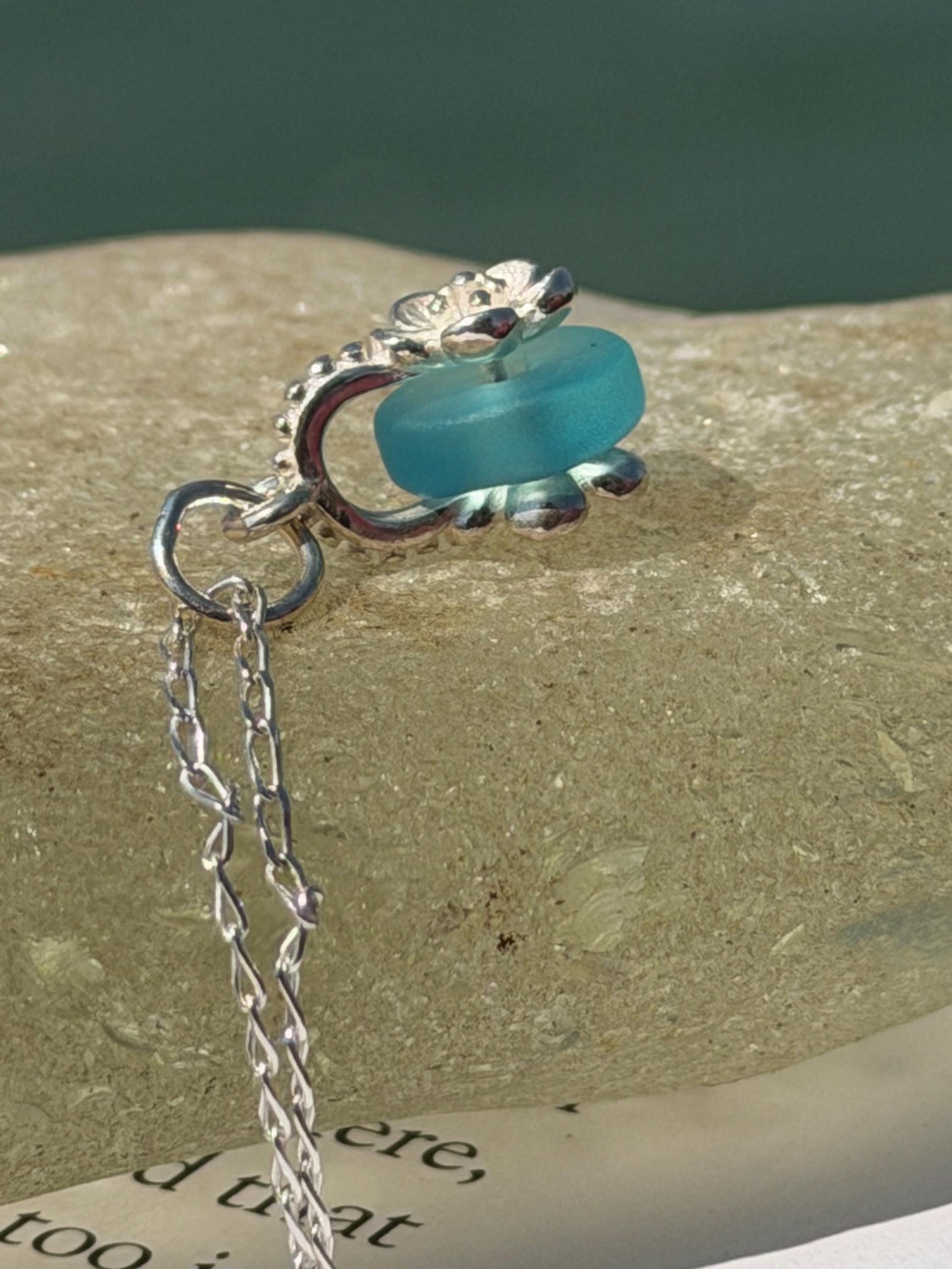 Dainty little sea glass necklace within sterling silver flowers. Recycled necklace. Ethical jewellery. Sea glass pendant. Eco friendly gifts