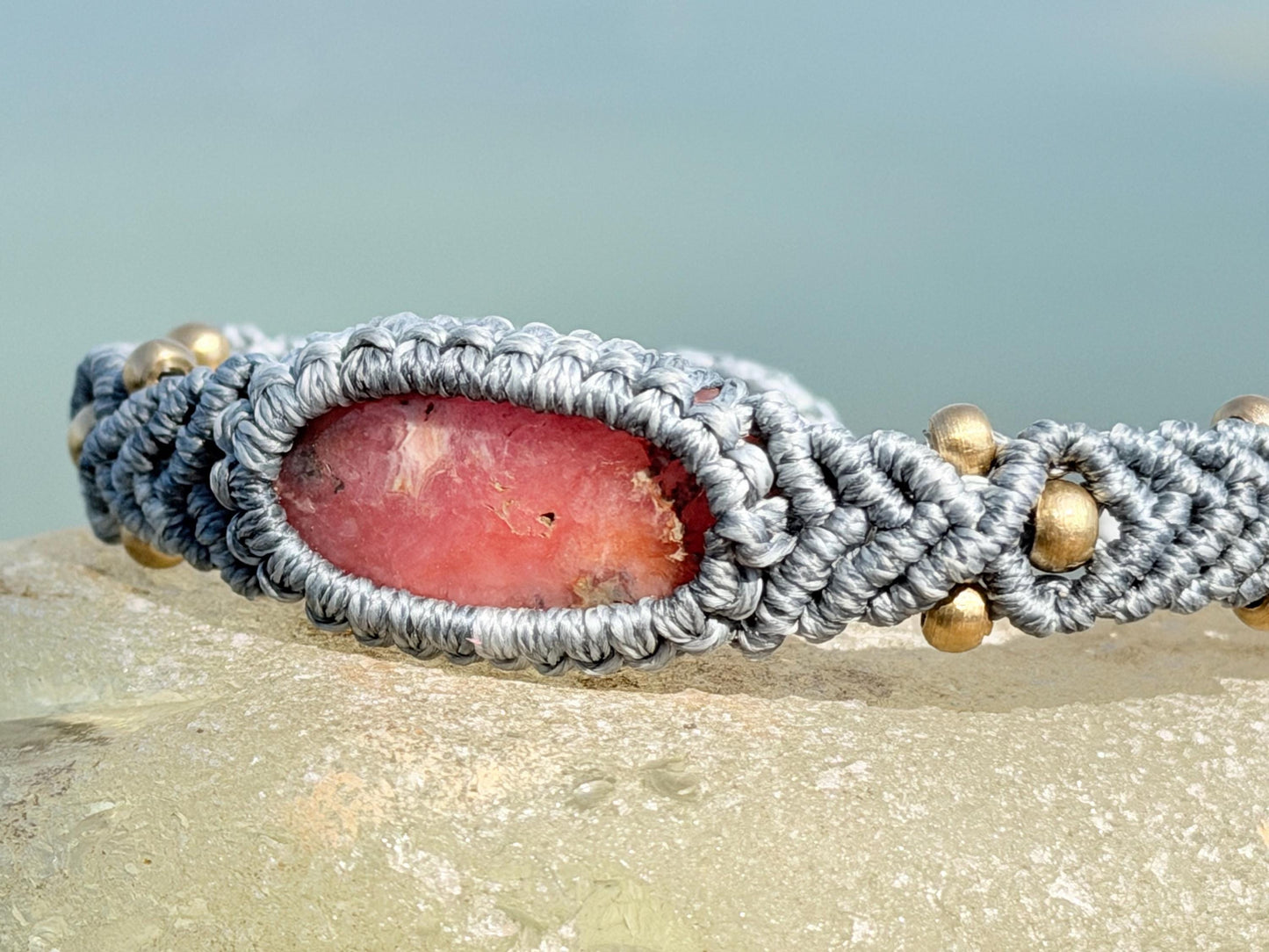 Stunning Rhodochrosite pink bracelet, ethical jewellery, unusual jewellery, rhodochrosite jewellery. Pink macrame bracelet. Boho jewellery.