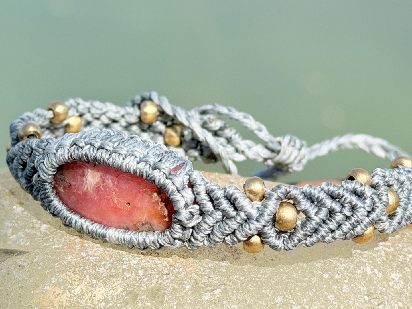 Stunning Rhodochrosite pink bracelet, ethical jewellery, unusual jewellery, rhodochrosite jewellery. Pink macrame bracelet. Boho jewellery.