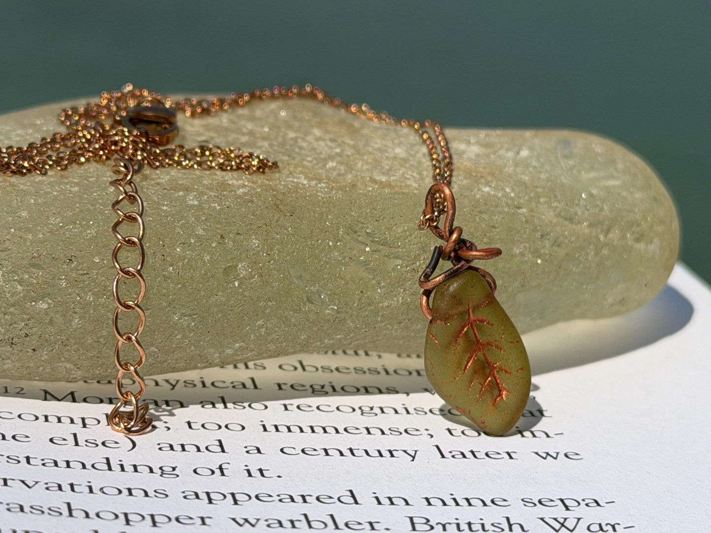 Green glass leaf necklace. Handmade necklace, leaf jewellery, gift for gardener, unusual necklace, unique jewellery. Earthy necklace