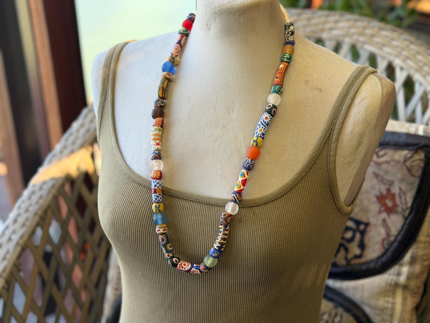 Fabulous hand painted glass necklaces. Recycled necklace, handmade bead necklace. Eco friendly jewellery. Ethical and sustainable gift.