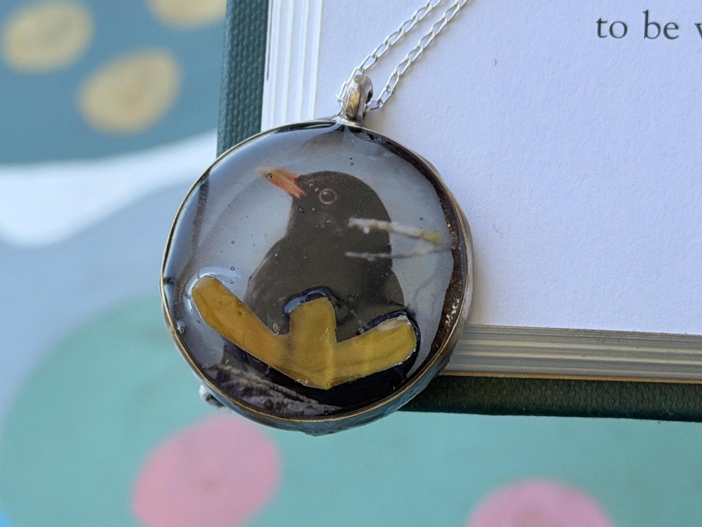 Blackbird necklace made with my own photo & recycled sterling silver. Eco friendly jewellery. Wildlife photography. Unique jewellery.