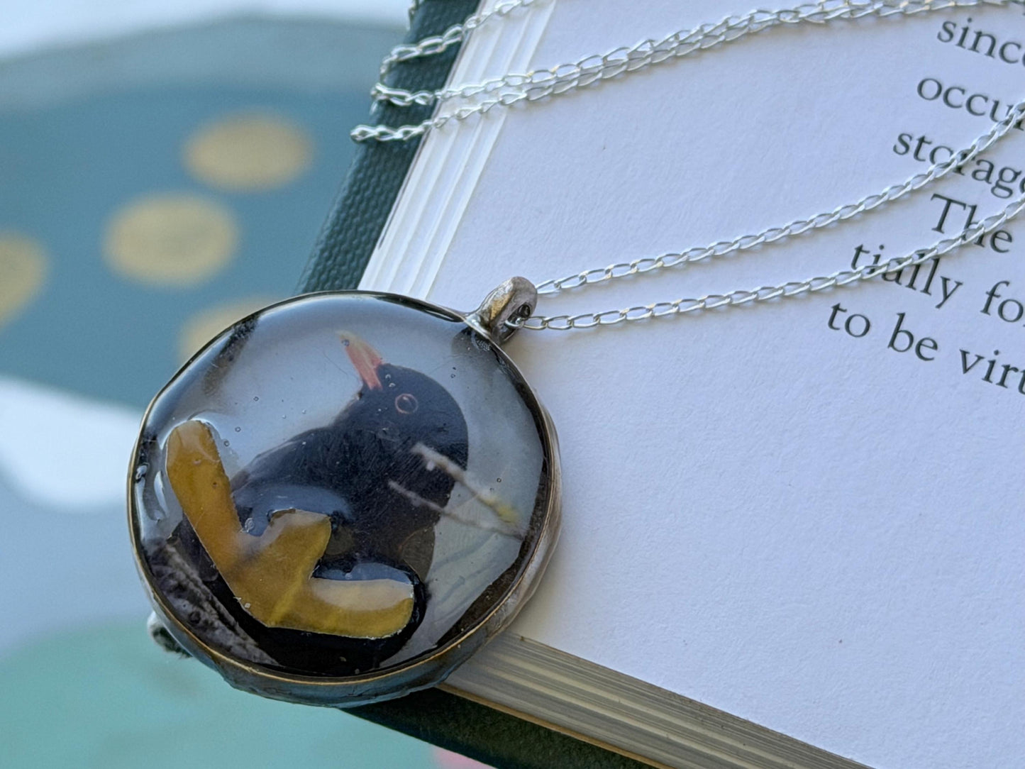 Blackbird necklace made with my own photo & recycled sterling silver. Eco friendly jewellery. Wildlife photography. Unique jewellery.