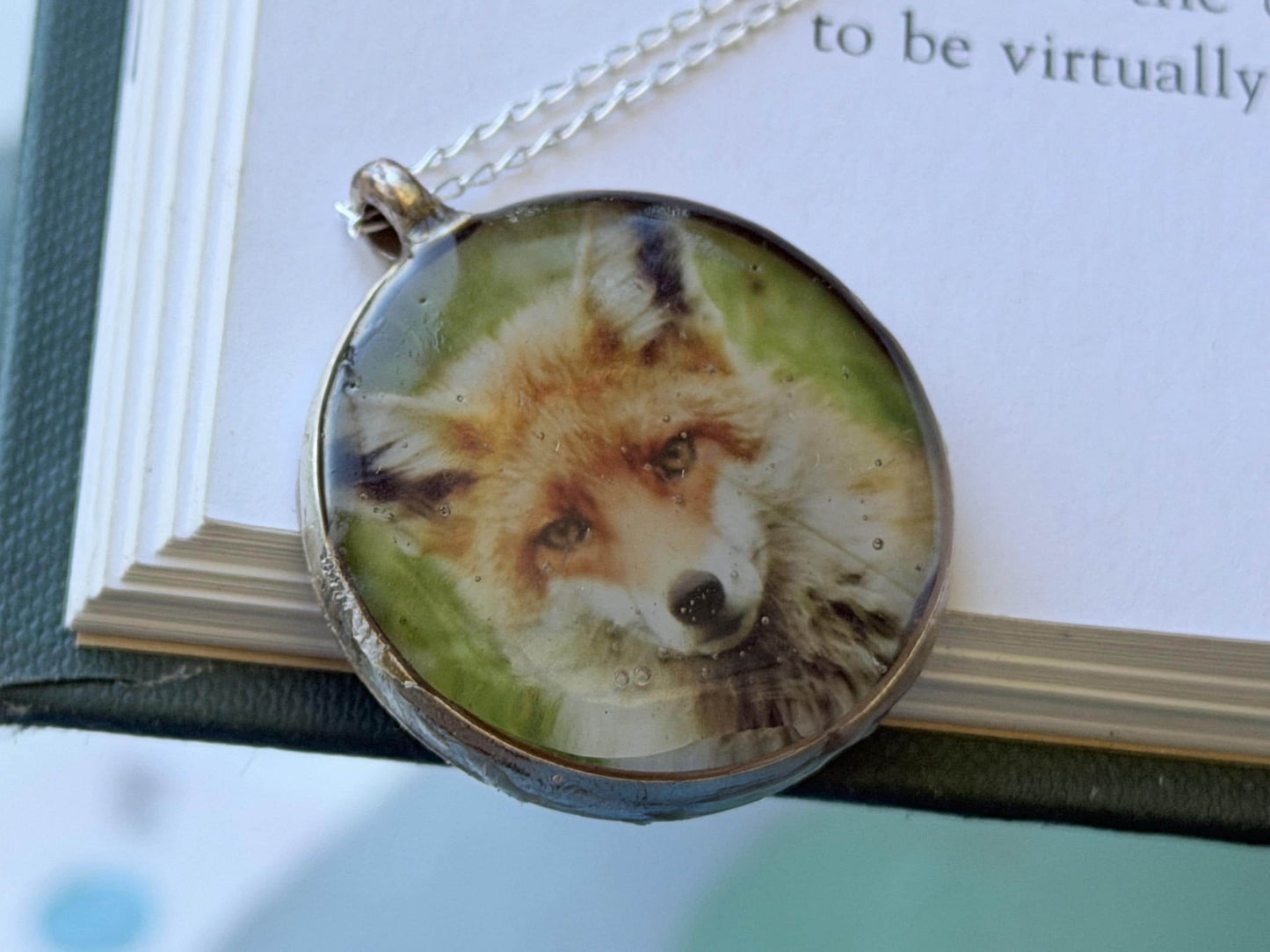 Fox necklace made with my own photo & recycled sterling silver. Eco friendly jewellery. Wildlife photography. Unique jewellery.
