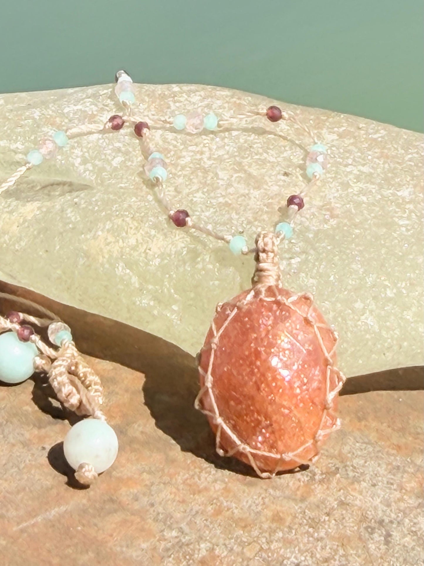 Sparkly handmade sunstone macrame necklace. Boho necklace, ethical jewellery, handmade necklace, unique gemstone necklace. Orange sunstone