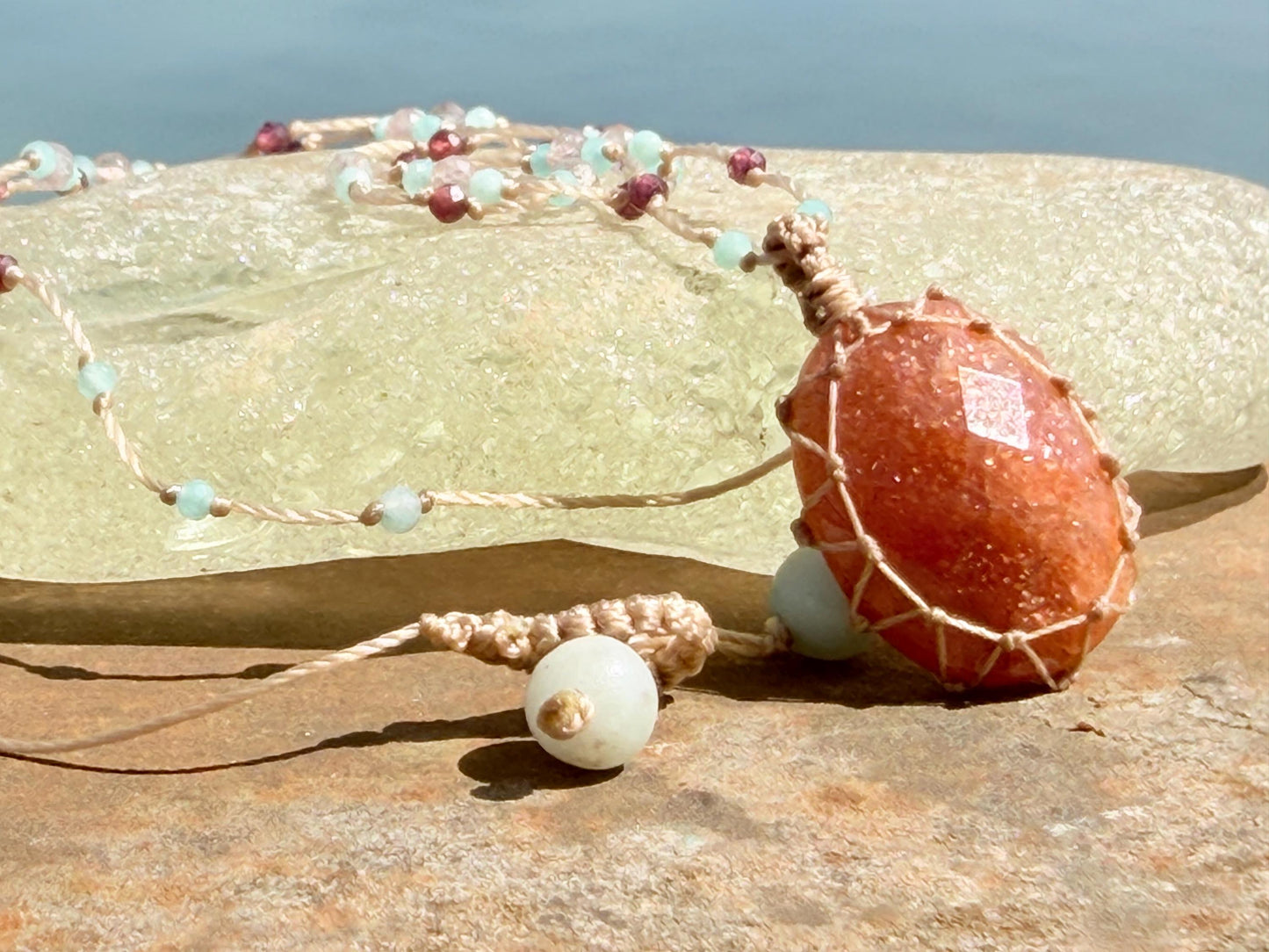 Sparkly handmade sunstone macrame necklace. Boho necklace, ethical jewellery, handmade necklace, unique gemstone necklace. Orange sunstone