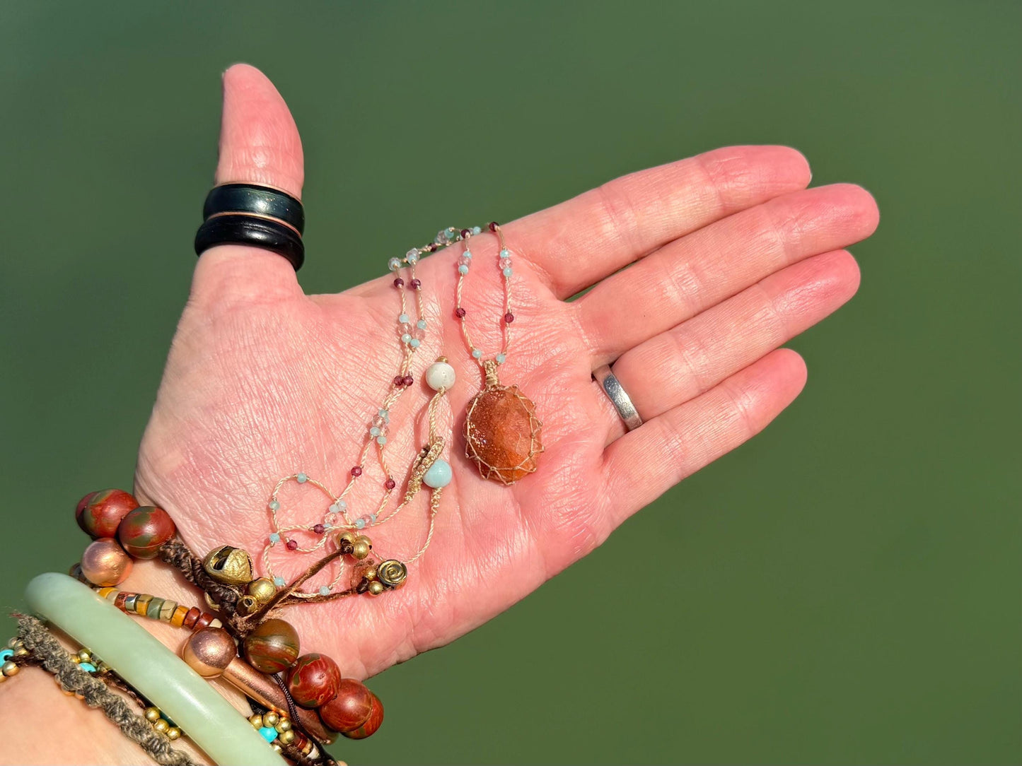 Sparkly handmade sunstone macrame necklace. Boho necklace, ethical jewellery, handmade necklace, unique gemstone necklace. Orange sunstone