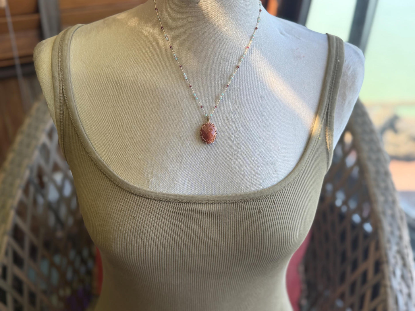 Sparkly handmade sunstone macrame necklace. Boho necklace, ethical jewellery, handmade necklace, unique gemstone necklace. Orange sunstone