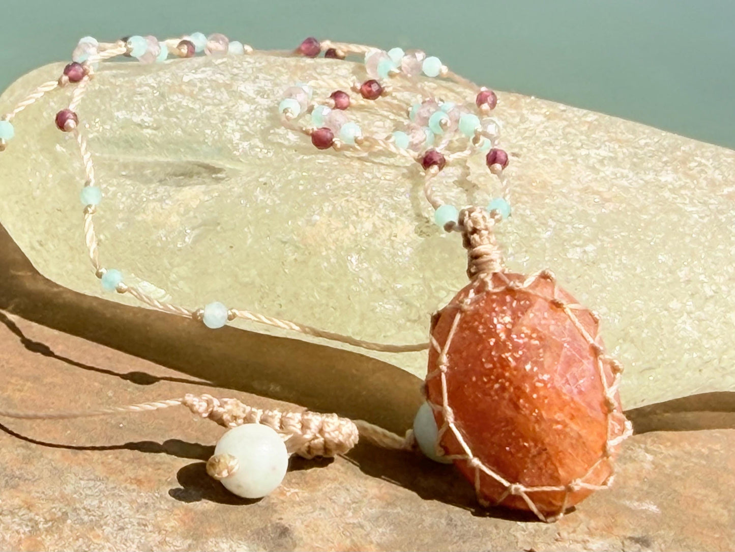 Sparkly handmade sunstone macrame necklace. Boho necklace, ethical jewellery, handmade necklace, unique gemstone necklace. Orange sunstone
