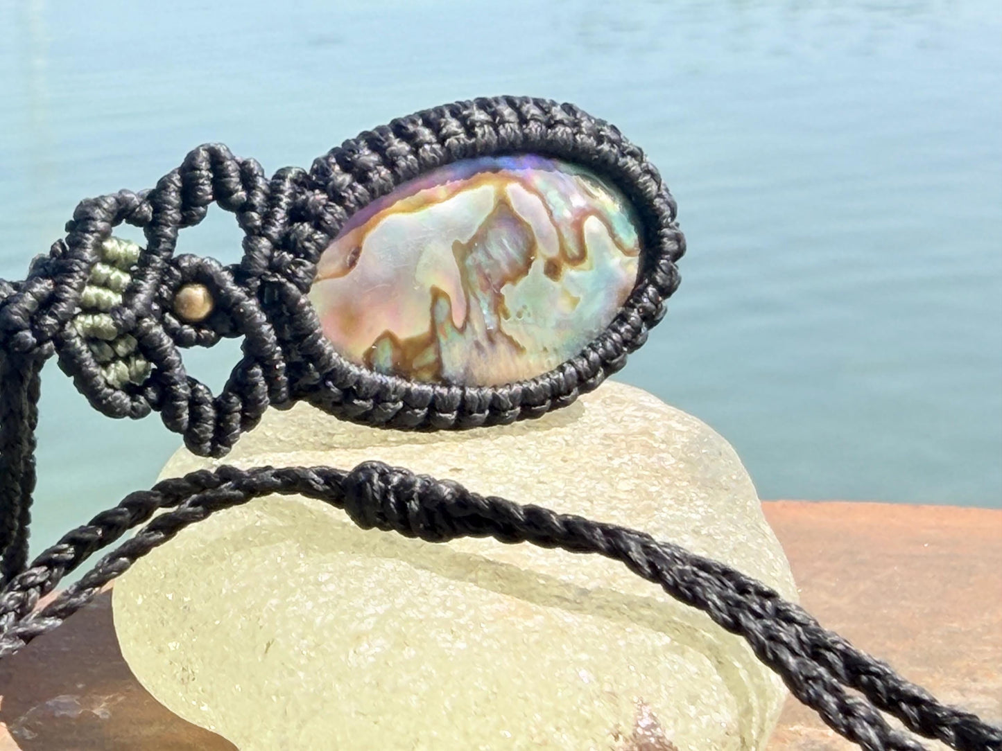 Stunning abalone necklace on an adjustable cord. Handmade gemstone necklace, boho jewellery. Macrame jewellery. Unique necklace.