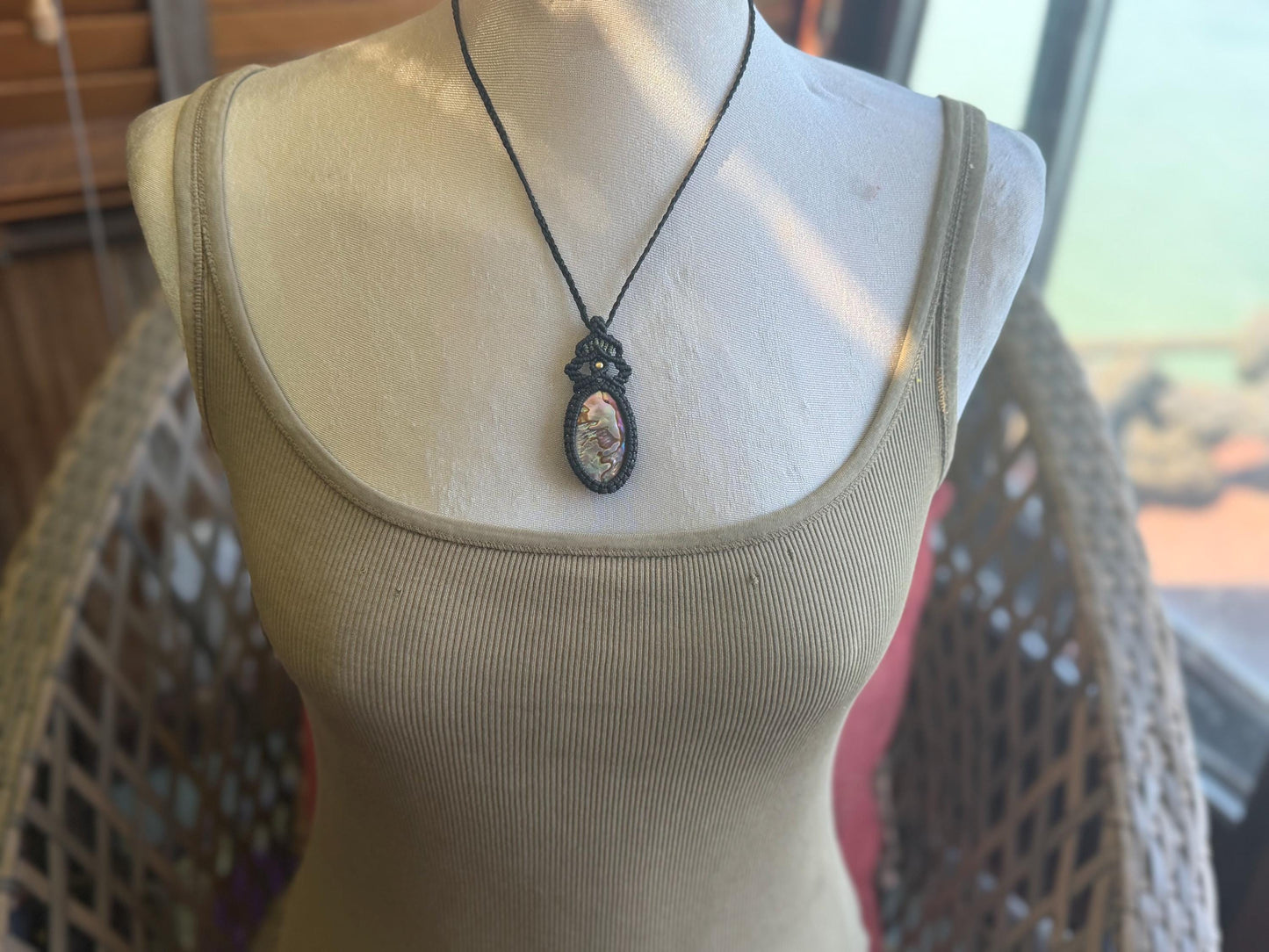 Stunning abalone necklace on an adjustable cord. Handmade gemstone necklace, boho jewellery. Macrame jewellery. Unique necklace.