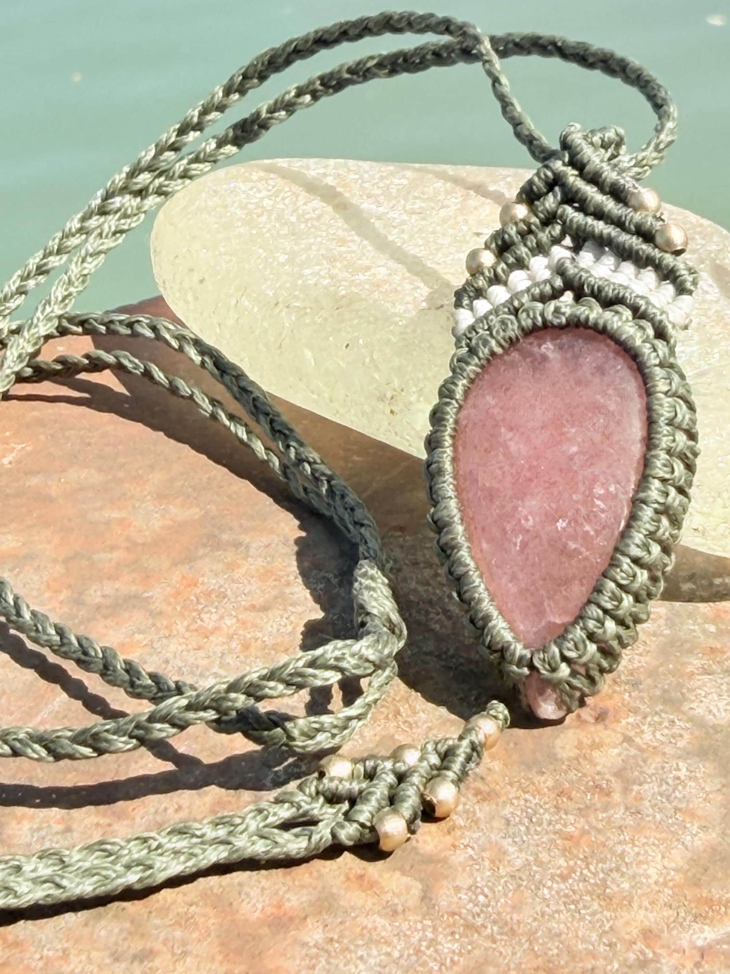 Stunning strawberry quartz necklace on an adjustable cord. Handmade gemstone necklace, boho jewellery. Macrame jewellery. Unique necklace.