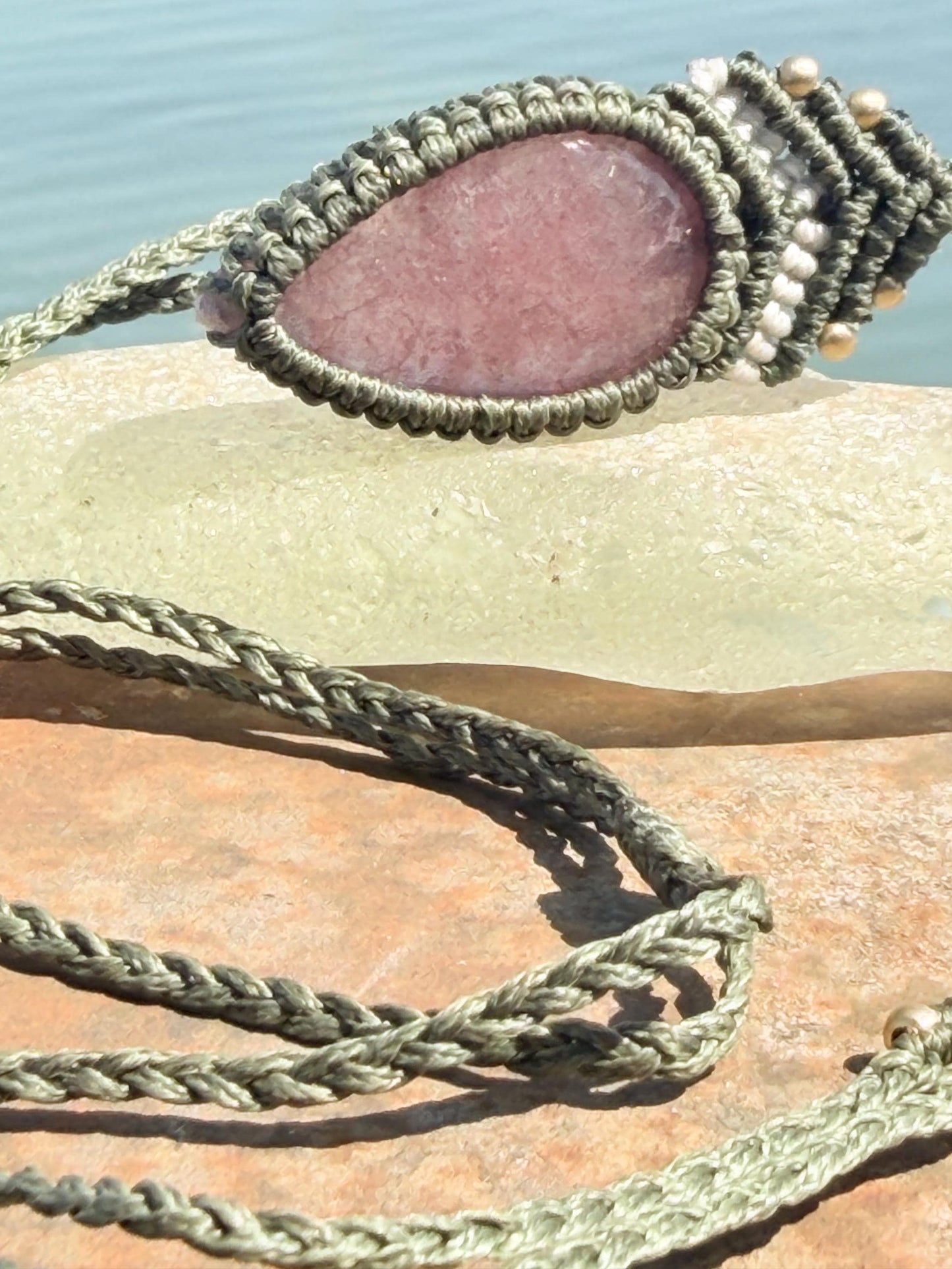 Stunning strawberry quartz necklace on an adjustable cord. Handmade gemstone necklace, boho jewellery. Macrame jewellery. Unique necklace.