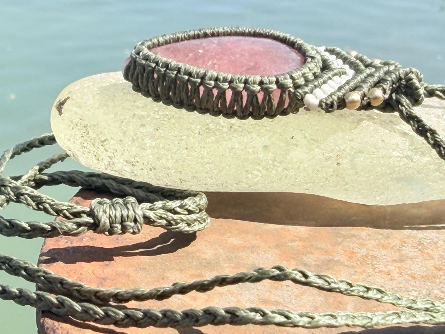Stunning strawberry quartz necklace on an adjustable cord. Handmade gemstone necklace, boho jewellery. Macrame jewellery. Unique necklace.