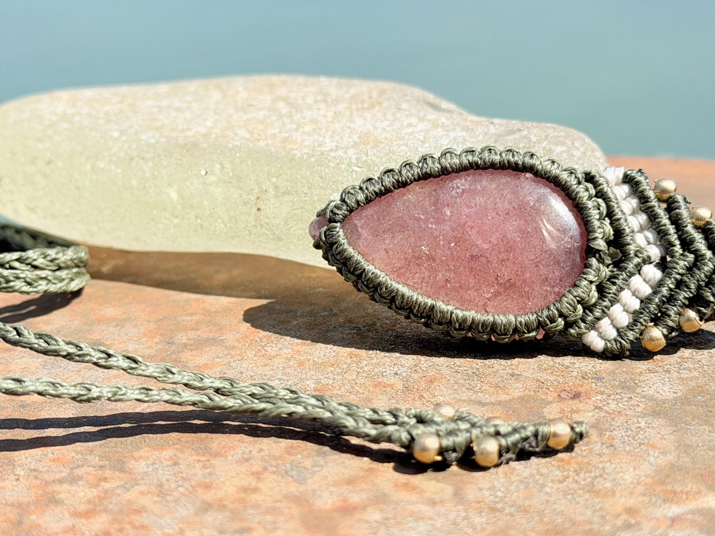 Stunning strawberry quartz necklace on an adjustable cord. Handmade gemstone necklace, boho jewellery. Macrame jewellery. Unique necklace.