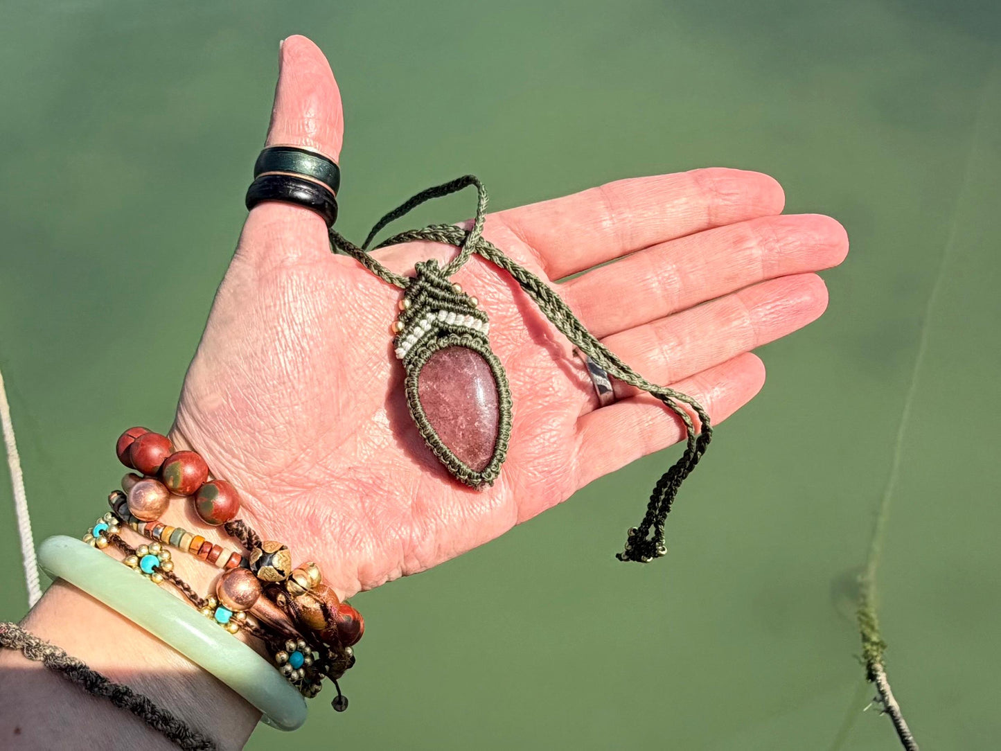 Stunning strawberry quartz necklace on an adjustable cord. Handmade gemstone necklace, boho jewellery. Macrame jewellery. Unique necklace.