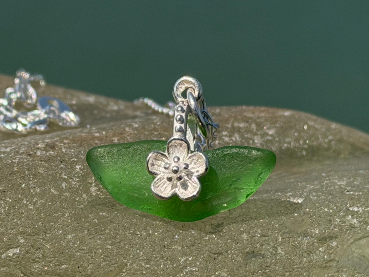 Dainty little sea glass necklace within sterling silver flowers. Recycled necklace. Ethical jewellery. Sea glass pendant. Eco friendly gifts