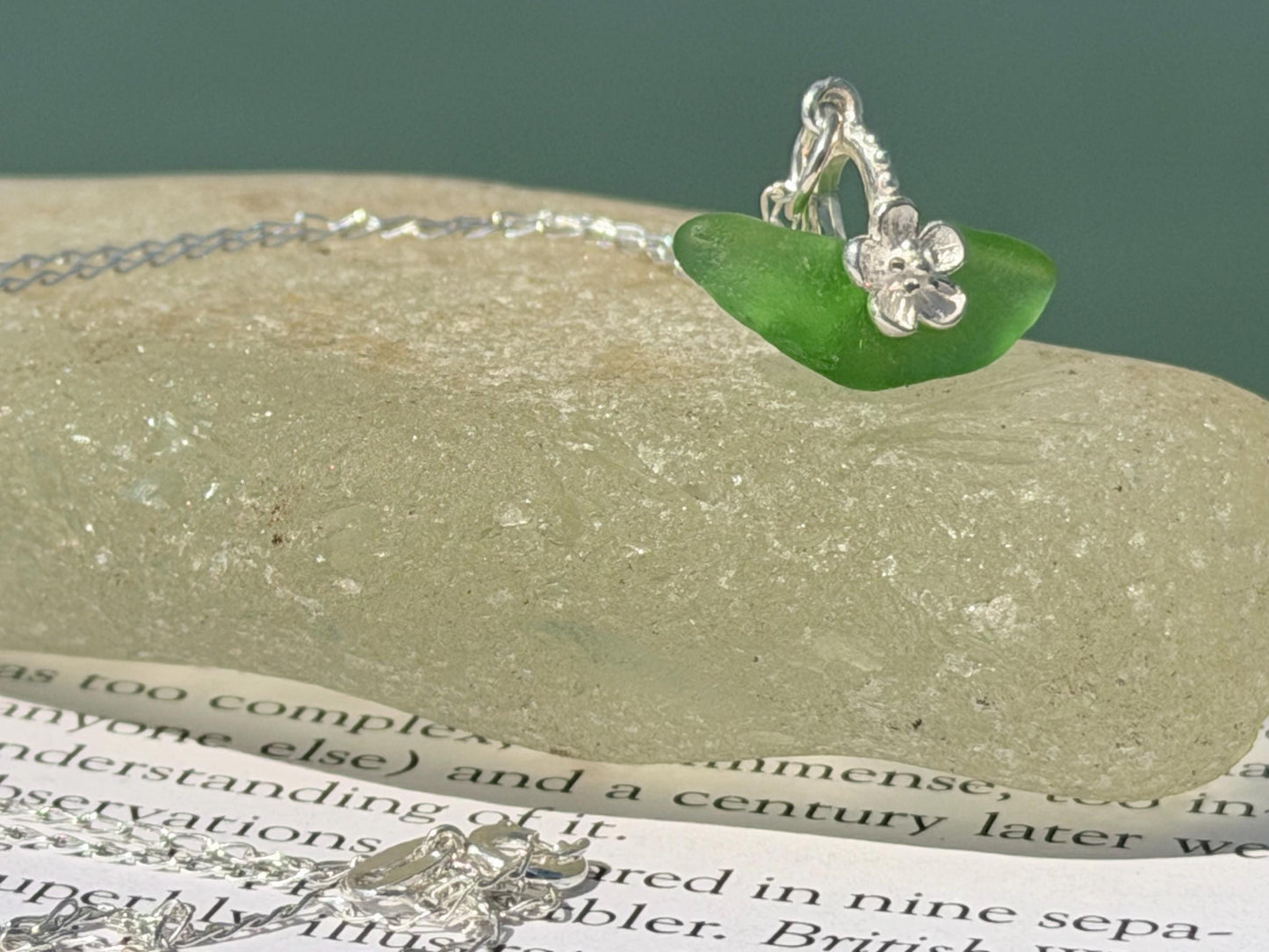 Dainty little sea glass necklace within sterling silver flowers. Recycled necklace. Ethical jewellery. Sea glass pendant. Eco friendly gifts