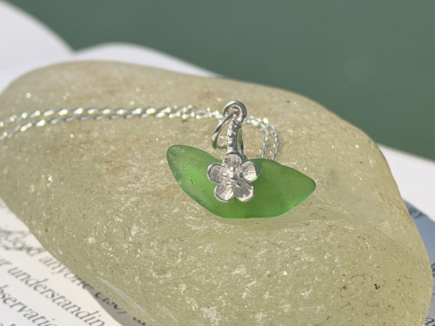 Dainty little sea glass necklace within sterling silver flowers. Recycled necklace. Ethical jewellery. Sea glass pendant. Eco friendly gifts