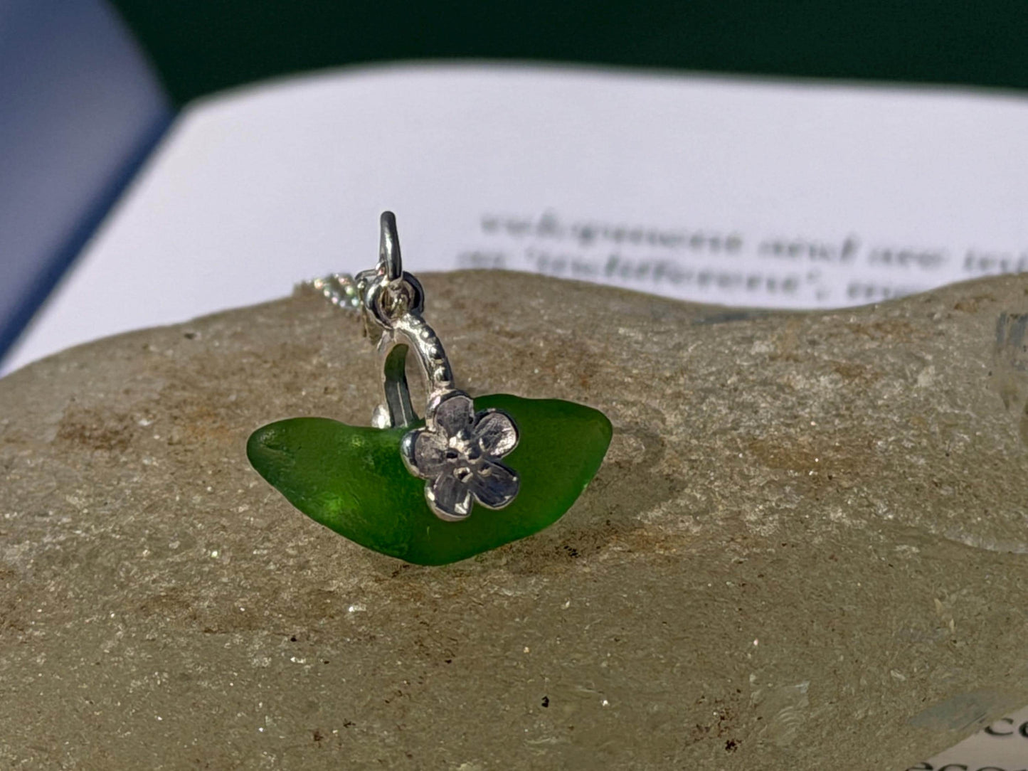 Dainty little sea glass necklace within sterling silver flowers. Recycled necklace. Ethical jewellery. Sea glass pendant. Eco friendly gifts