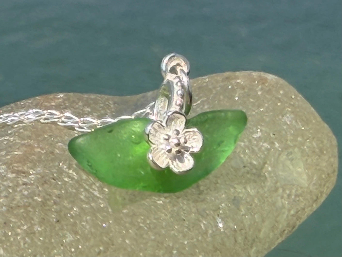 Dainty little sea glass necklace within sterling silver flowers. Recycled necklace. Ethical jewellery. Sea glass pendant. Eco friendly gifts