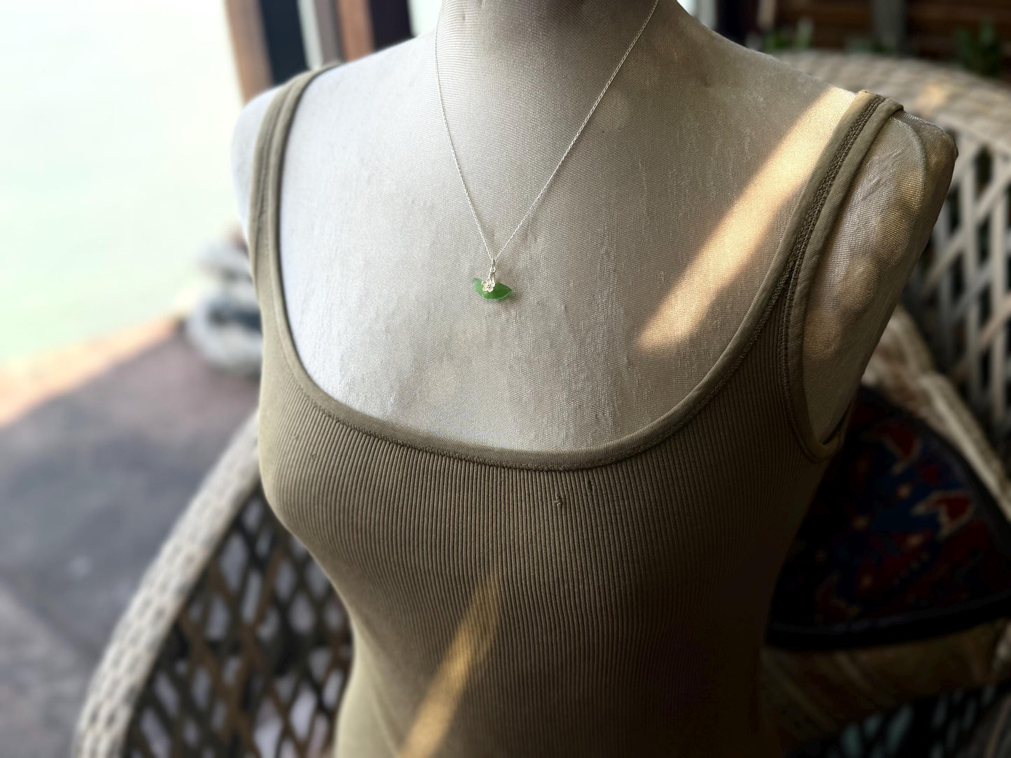 Dainty little sea glass necklace within sterling silver flowers. Recycled necklace. Ethical jewellery. Sea glass pendant. Eco friendly gifts
