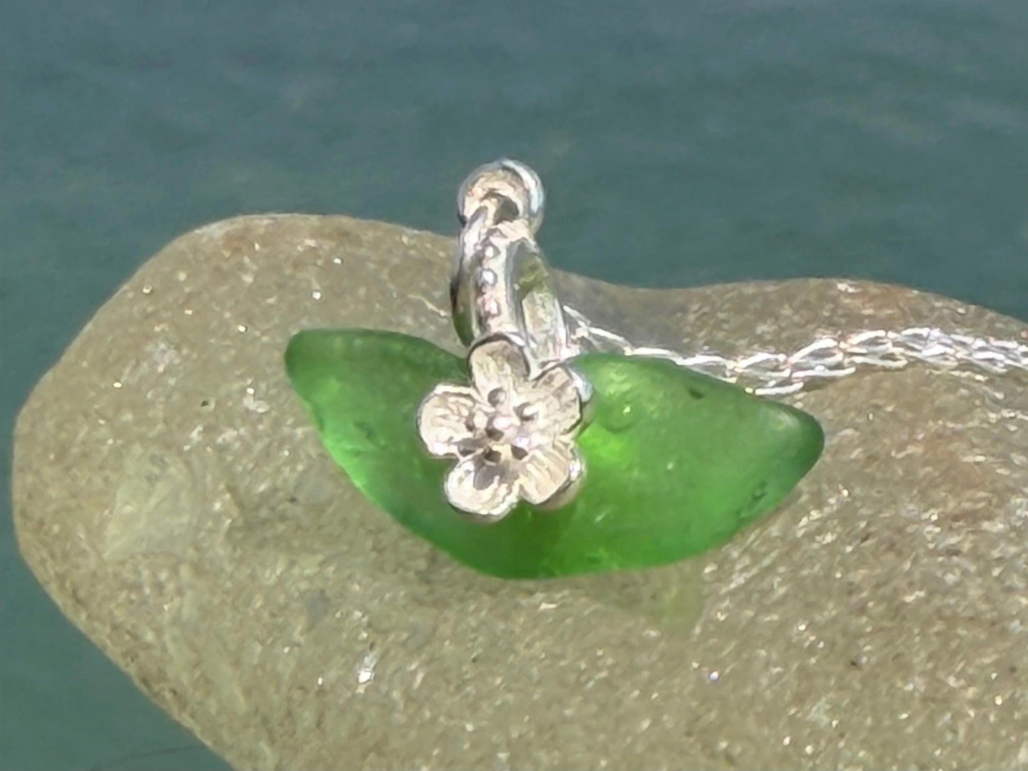 Dainty little sea glass necklace within sterling silver flowers. Recycled necklace. Ethical jewellery. Sea glass pendant. Eco friendly gifts