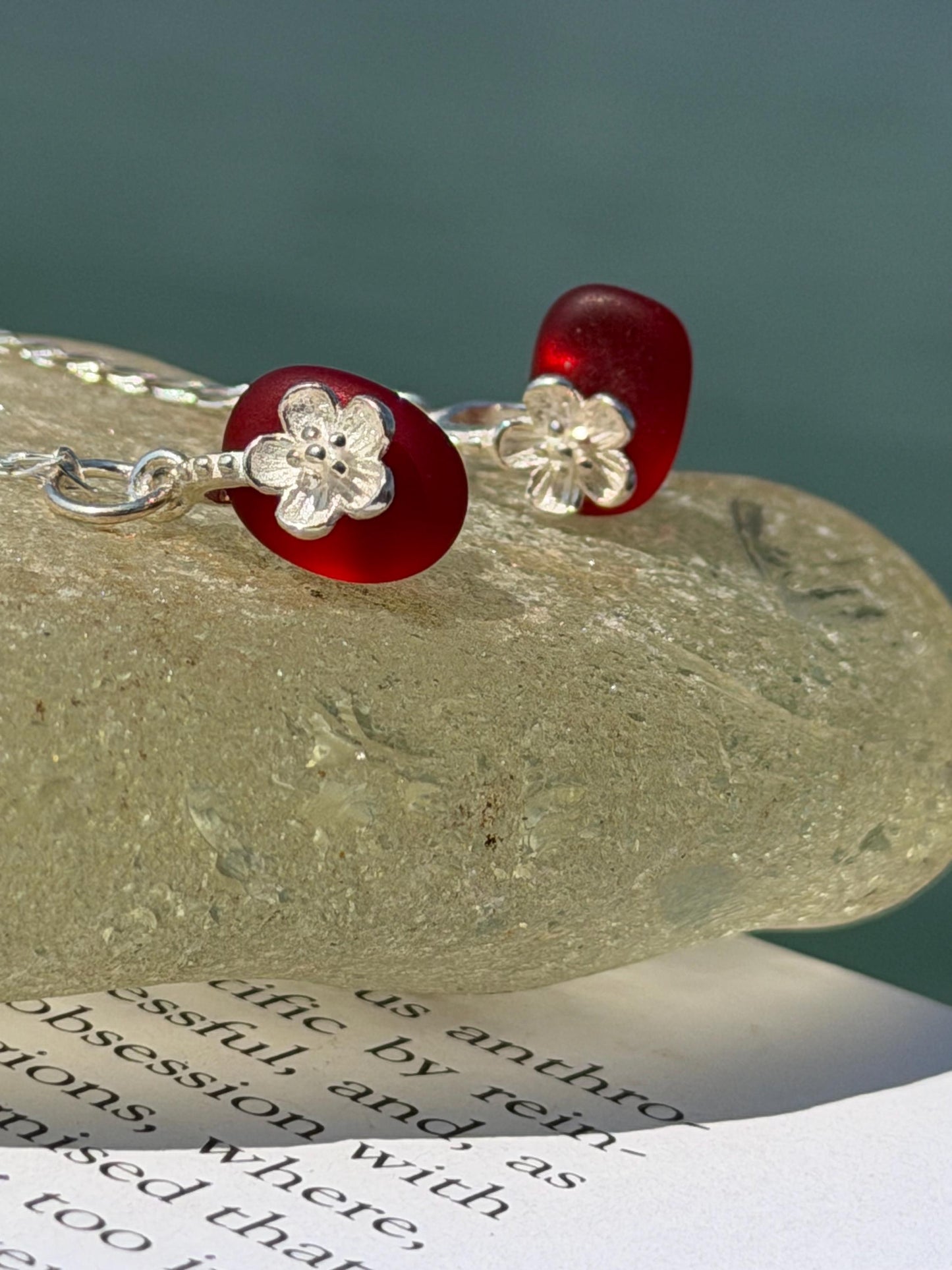 Dainty little sea glass necklace within sterling silver flowers. Recycled necklace. Ethical jewellery. Sea glass pendant. Eco friendly gifts