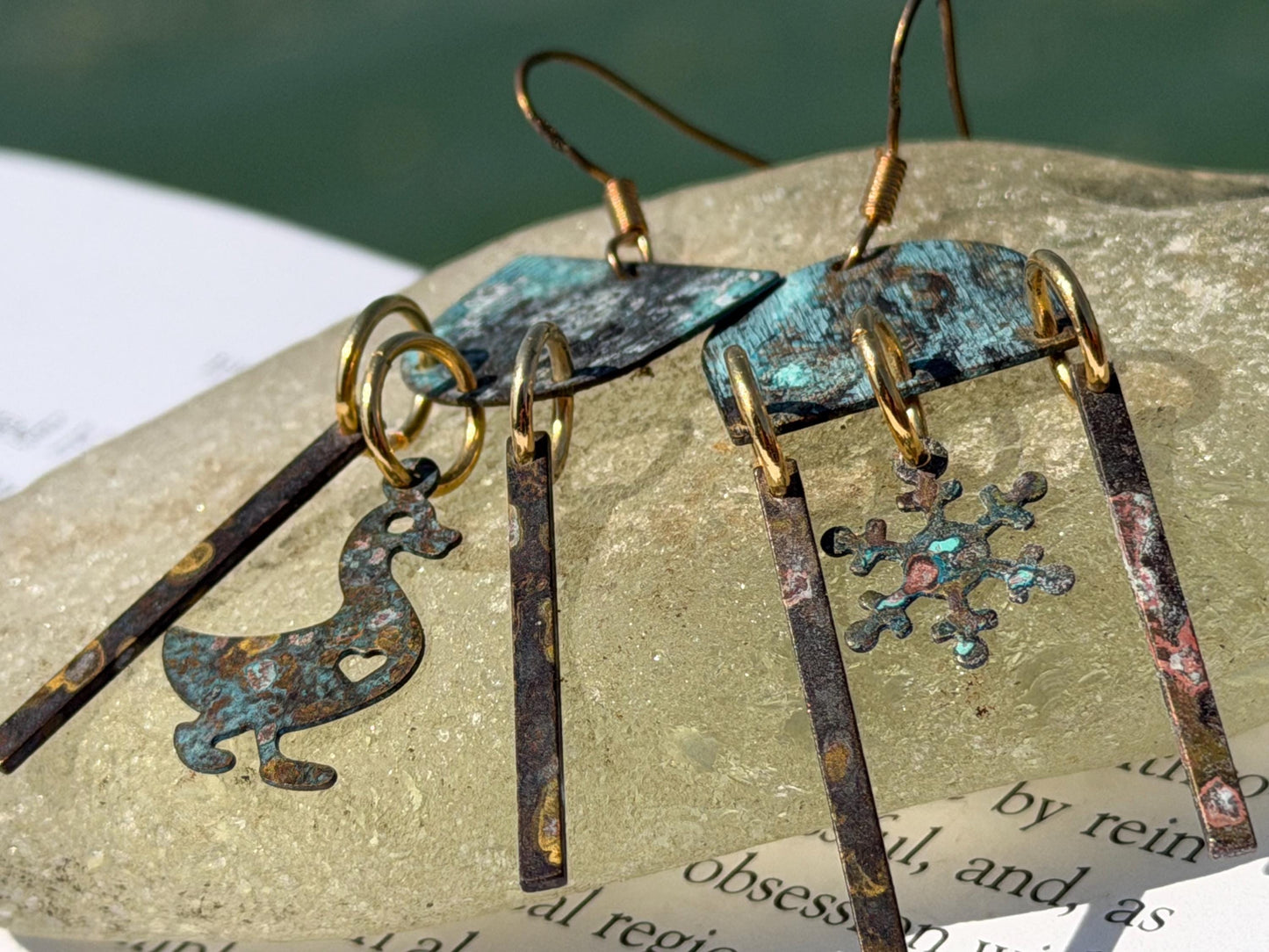 Goose and snowflake earrings. Handmade patina earrings. Rustic earrings, unusual earrings, unusual gift for her, blue earrings. Duck earring